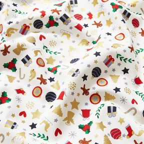 Katoenen stof Popeline kleine kerstmotieven – lichtbeige/goud, 