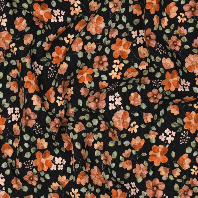 GOTS Katoenjersey Herfstbloemen Digitaal printen – zwart/perzik sinaasappel,  image number 2