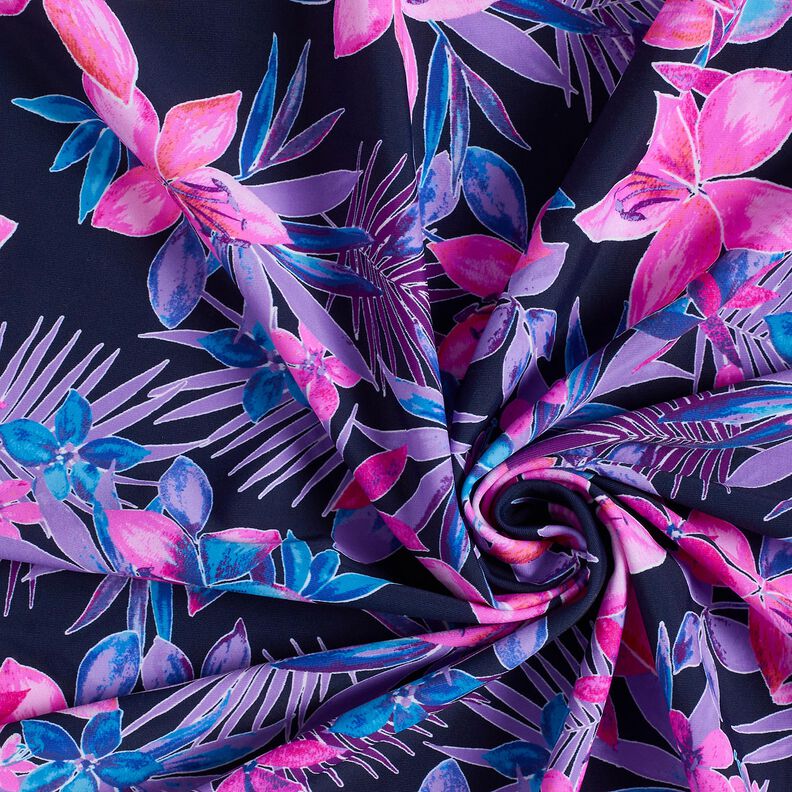 Badpakstof Tropische bloemen – marineblauw/pink,  image number 3