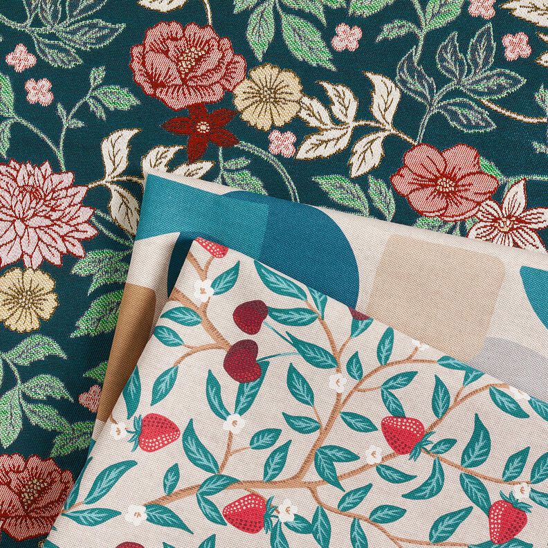 Decostof Jacquard Vintage bloemen – petroleum/donkerrood,  image number 5