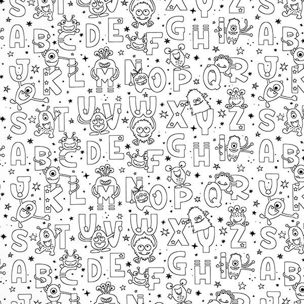 Katoenpopeline Kleurplaten letters-monsters – wit/zwart, image number 1