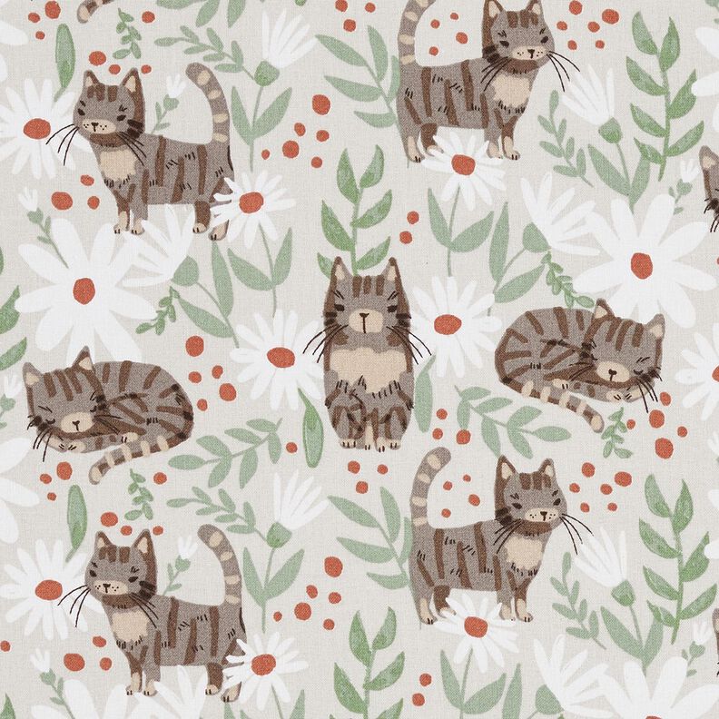 Katoenen stof Cretonne Katten in de bloemenweide – zilvergrijs,  image number 1